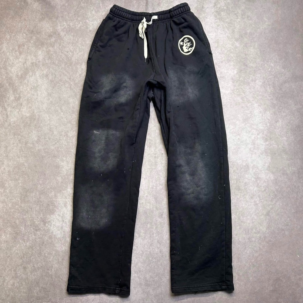 Hellstar Studios Washed Black Distressed Graphic Sweatpants Mens Medium *flaw